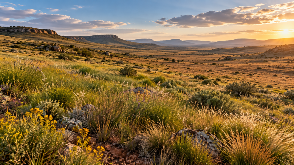 Semi-arid grassland with diverse grasses and wildflowers at sunset