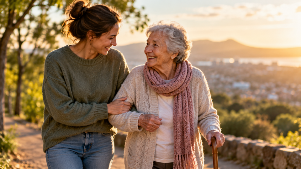 A younger woman assists an older woman walking outdoors at sunset