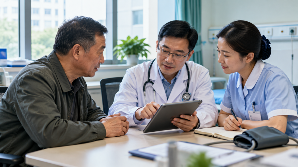 Kidney care patient consulting a physician and nurse about digital services