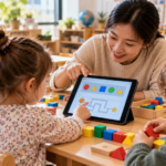Teacher guides kindergarten children through a shapes and problem-solving activity on a tablet