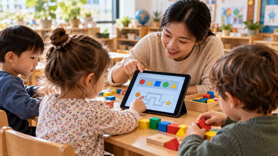 Teacher guides kindergarten children through a shapes and problem-solving activity on a tablet