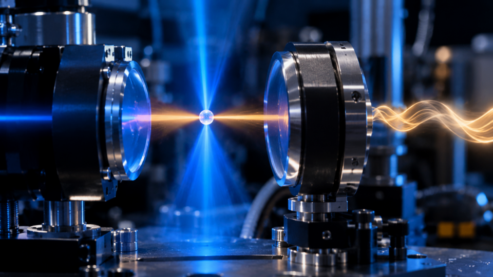 Conceptual illustration of a tiny floating glass sphere held by lasers between optical cavity mirrors