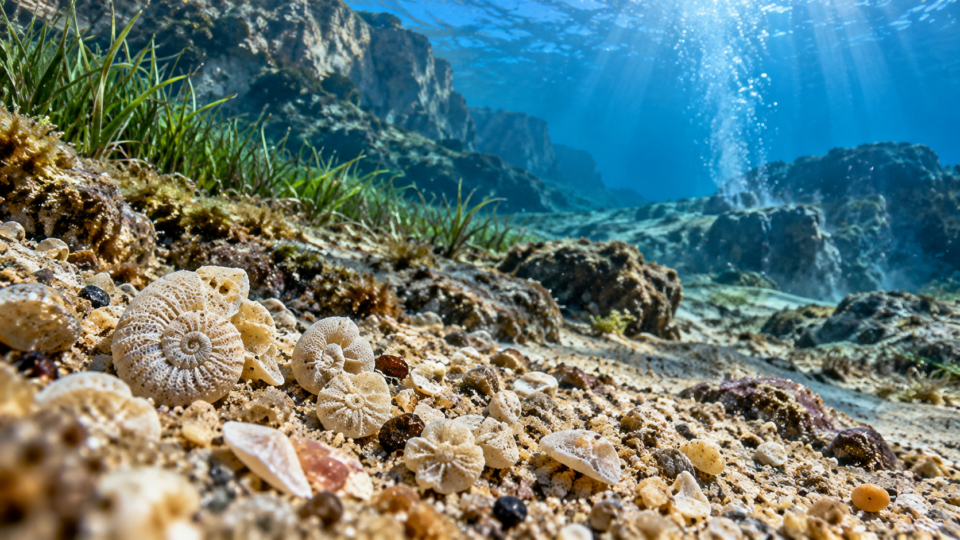 Conceptual underwater macro scene showing tiny spiral marine shells on Mediterranean seabed
