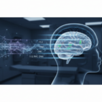 Editorial illustration of multimodal MRI streams converging on a three-dimensional brain tumour segmentation model