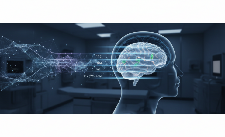 Editorial illustration of multimodal MRI streams converging on a three-dimensional brain tumour segmentation model