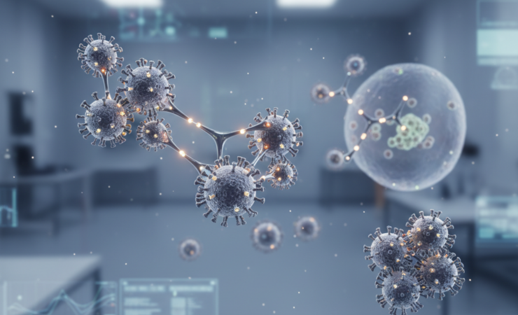 Scientific visualisation of multivalent antiviral conjugates cross-linking influenza virus particles.