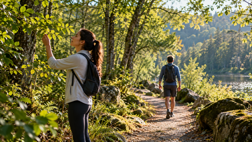 Illustrative editorial image of two people experiencing nature differently on a woodland trail