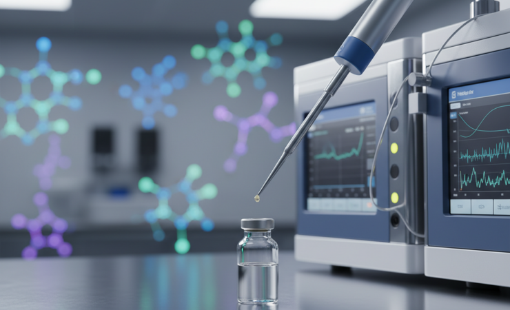 Micropipette dispensing a tiny plasma sample beside a nanoflow mass spectrometry system for lipidomics analysis.