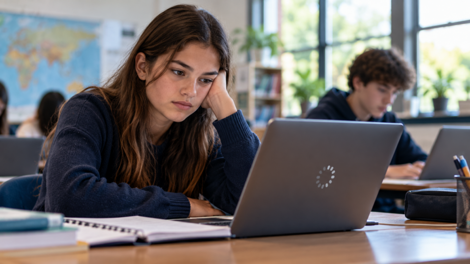 Student working on a laptop in a classroom while a loading indicator appears