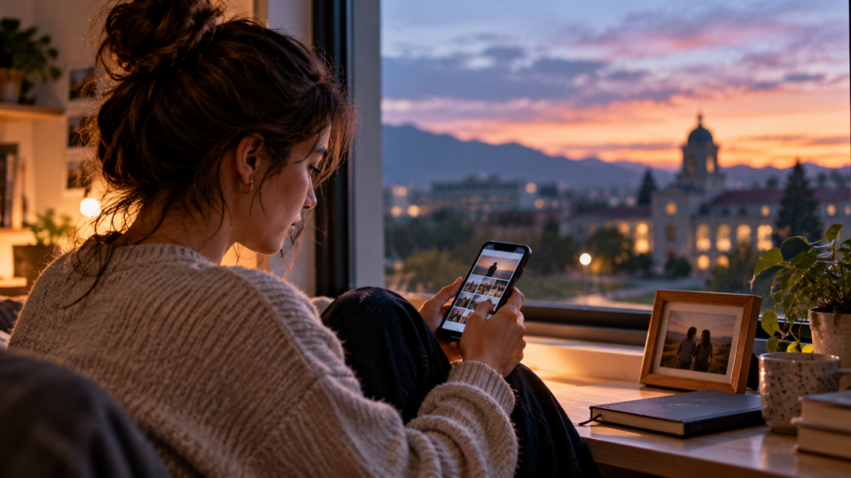 Illustrative image of a university student looking at old photographs on her phone beside a window at dusk