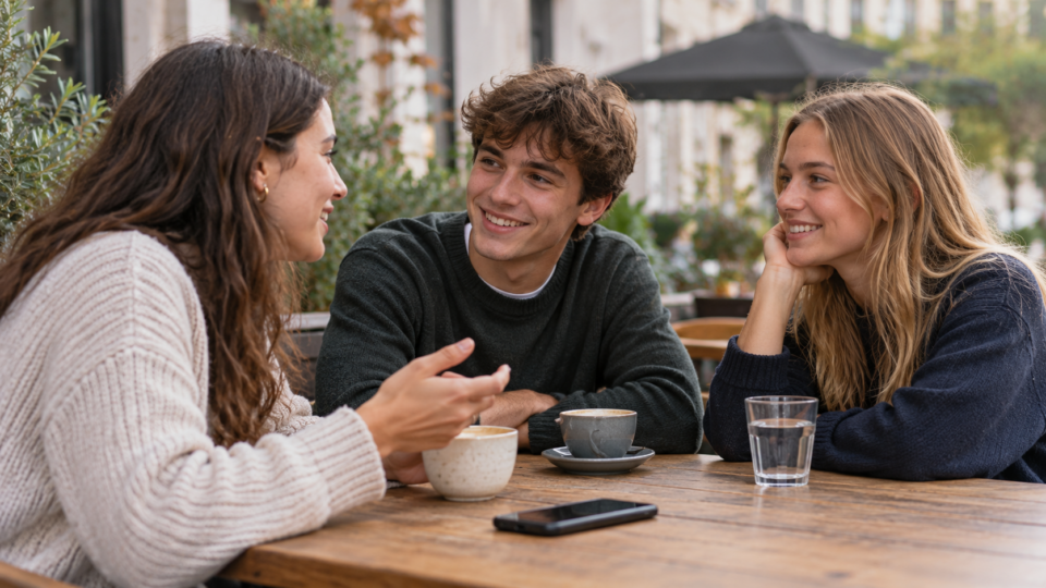 Three young adults enjoying an in-person conversation around an outdoor cafe table with a phone resting unused nearby