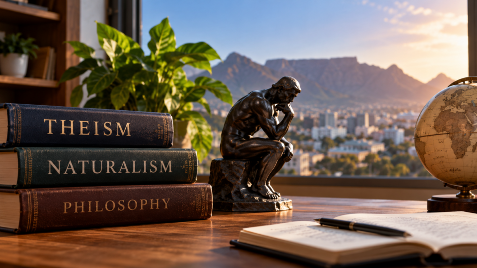 Philosophy books on theism and naturalism beside a thinker sculpture and an open notebook