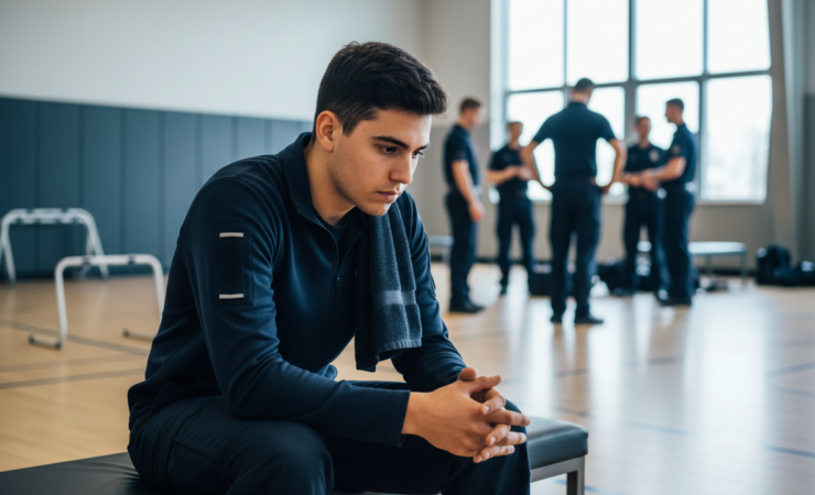 Police cadet in training reflecting during a quiet academy setting