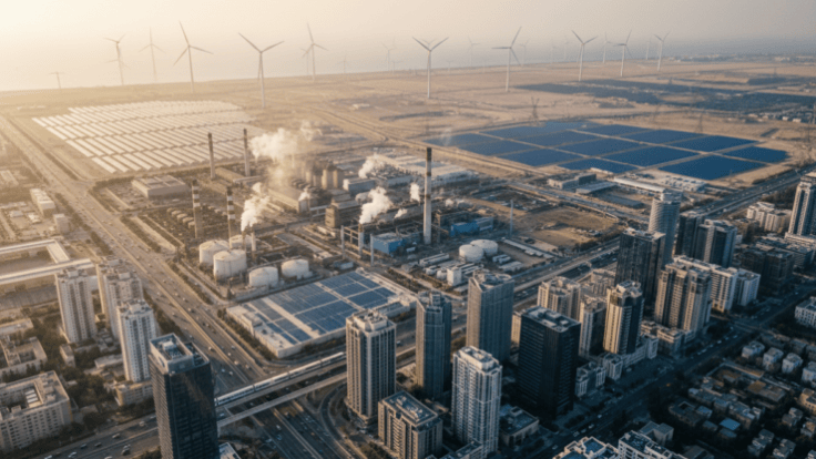 City and energy infrastructure illustrating earlier climate mitigation and decarbonisation