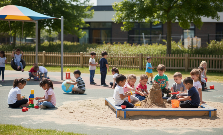 Preschool children interacting in groups of different sizes on a playground.