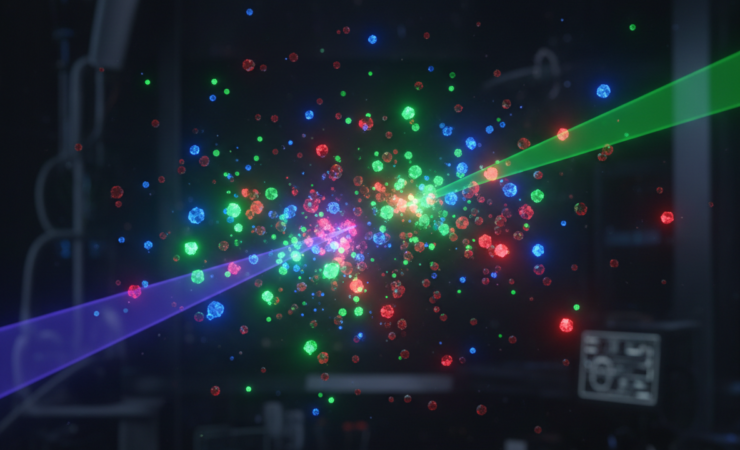 Scientific visualization of multicolour quantum dots reversibly switching their light emission under visible light.