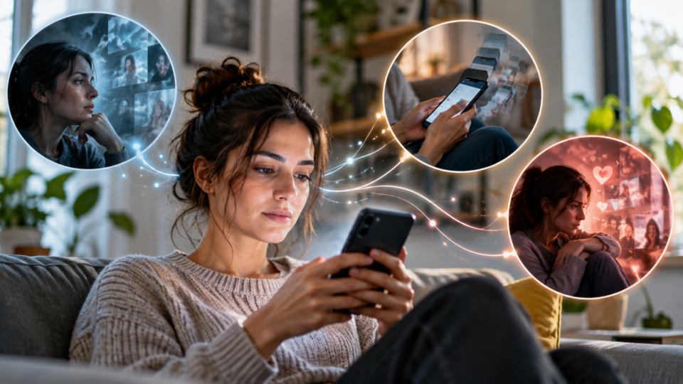 Adult using a smartphone with visual cues representing cognitive, behavioural and emotional social media engagement