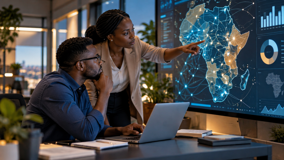 Two researchers reviewing digital connectivity and data patterns on a map of Africa