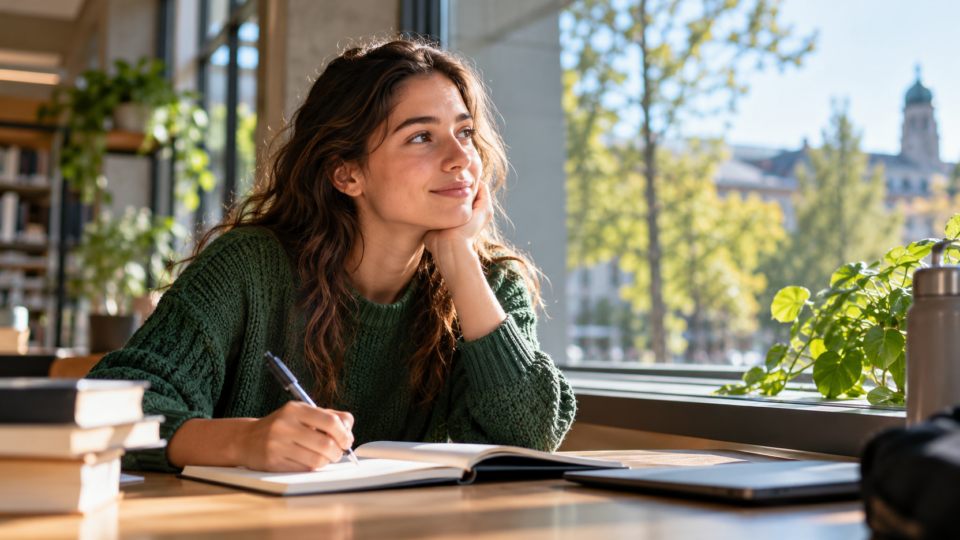 Student reflecting in a notebook at a bright university library desk