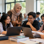 Indonesian university students collaborating with a lecturer around laptops in a classroom