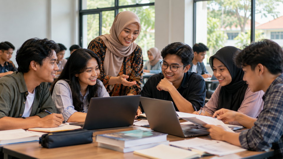 Indonesian university students collaborating with a lecturer around laptops in a classroom