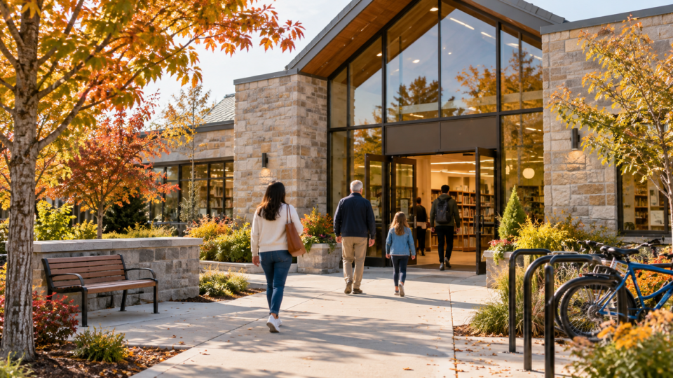 Community members walking toward a public library entrance in autumn
