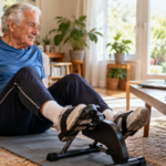 Older adult performing seated pedal exercises at home while receiving remote physiotherapy support