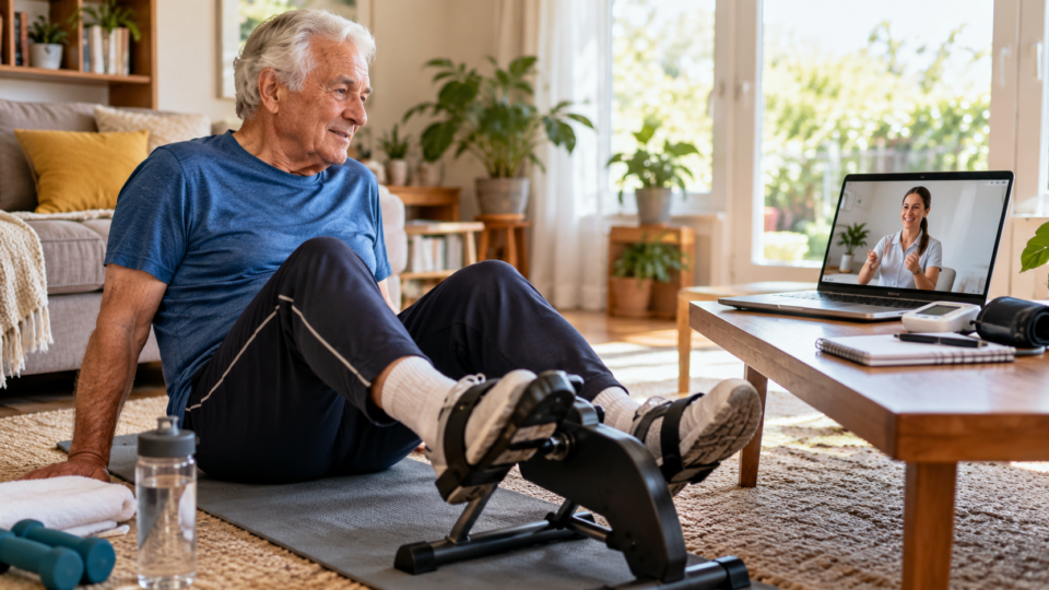 Older adult performing seated pedal exercises at home while receiving remote physiotherapy support