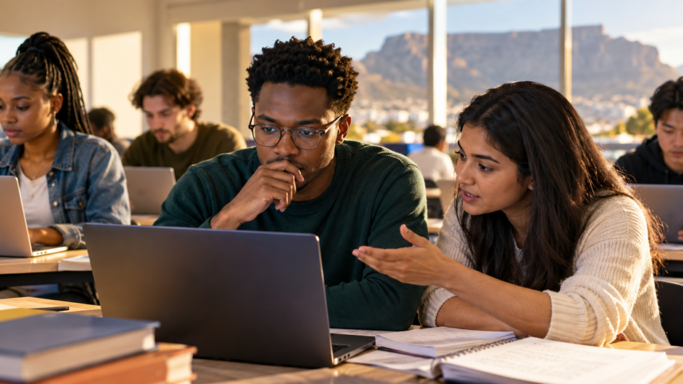 University students working together on a laptop during a computing class