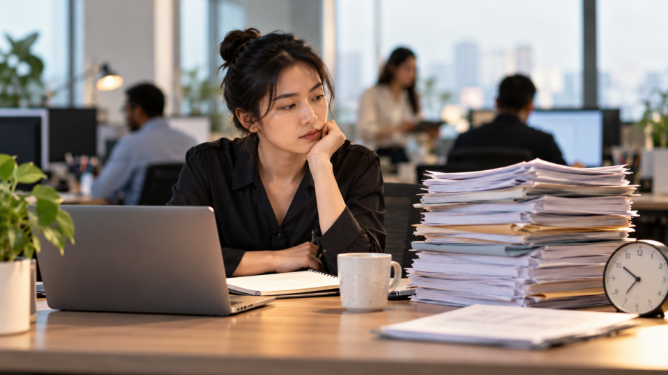 Office employee considering a large stack of paperwork and work deadlines