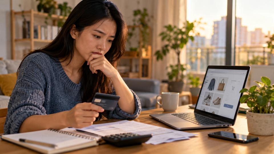 Shopper considering an online purchase while reviewing a household budget