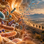 Editorial illustration of gut microorganisms and prehistoric human migration