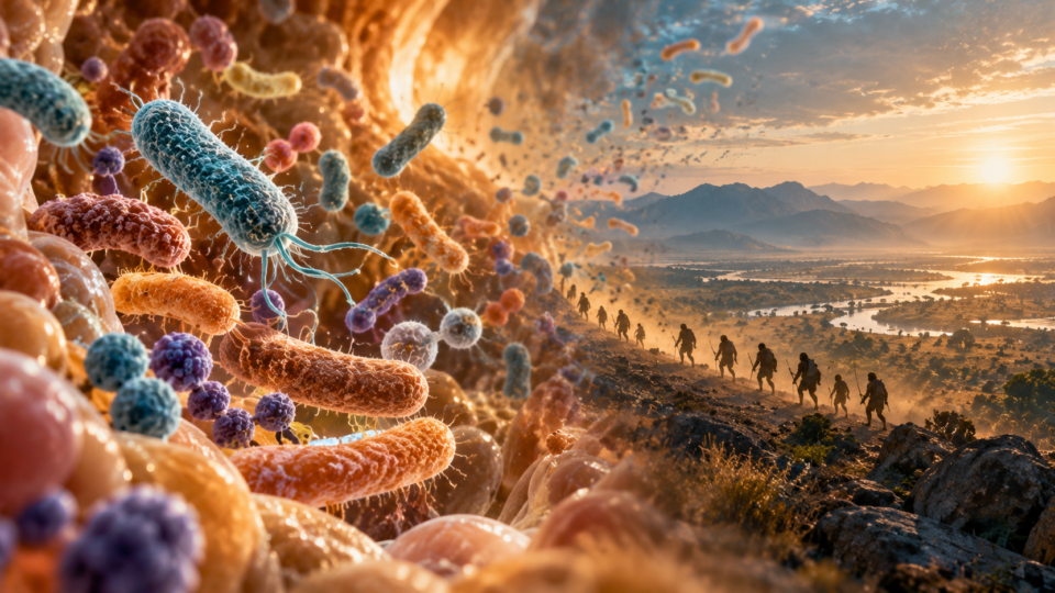Editorial illustration of gut microorganisms and prehistoric human migration