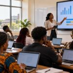 University students use laptops as a lecturer explains charts on a classroom screen