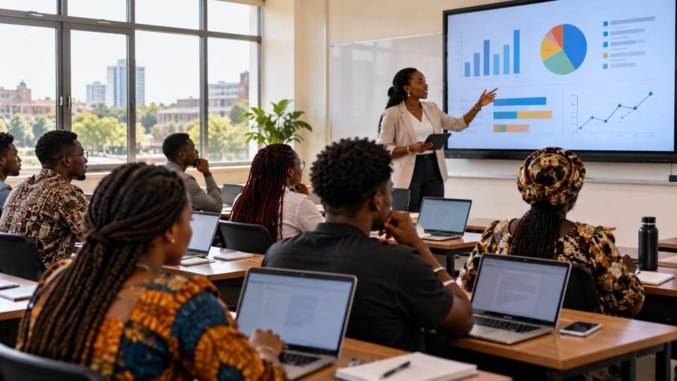 University students use laptops as a lecturer explains charts on a classroom screen