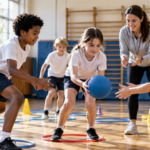 Primary-school pupils cooperate during a physical education activity in a gym with teacher guidance.