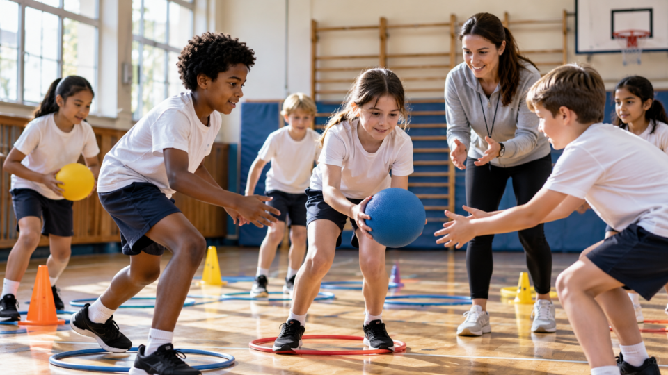 Primary-school pupils cooperate during a physical education activity in a gym with teacher guidance.