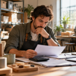 Small business founder in a workshop reviewing financing documents and startup plans.