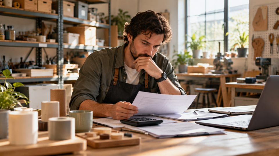 Small business founder in a workshop reviewing financing documents and startup plans.