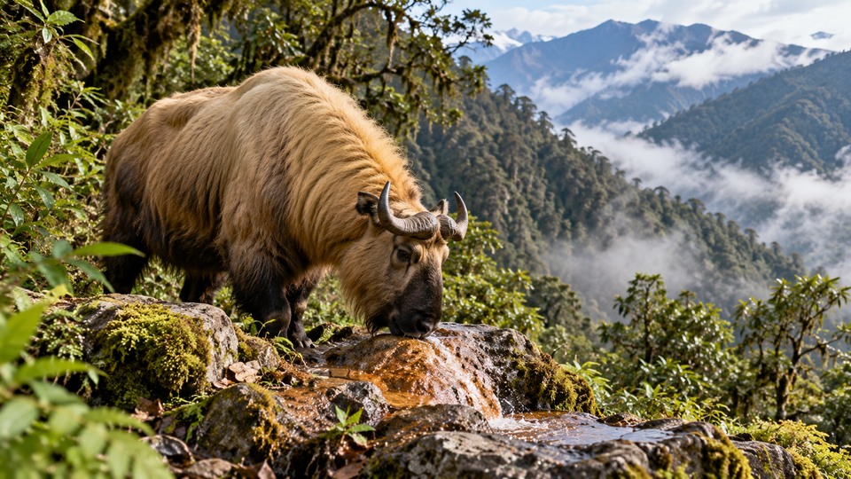 Illustrative image of a shaggy takin drinking near moss-covered rocks in a misty Himalayan mountain forest