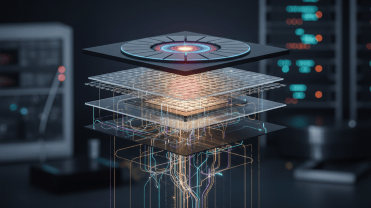 Advanced vertically integrated neuromorphic computing chip with layered electronic structures and signal traces.