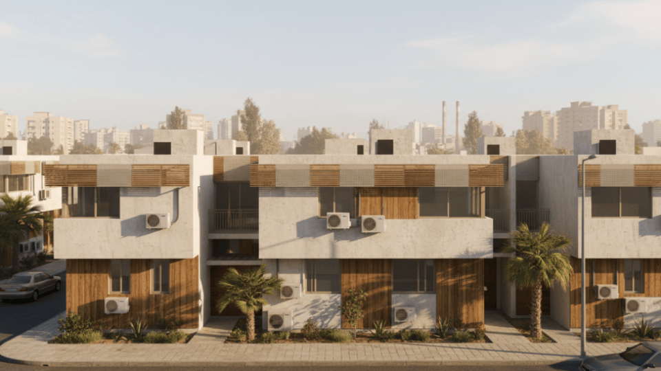 Residential buildings with cooling equipment during hot sunny weather