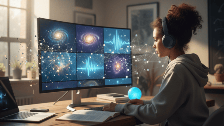 Learner studying fragmented physics material as scattered concepts reorganise into a connected knowledge structure