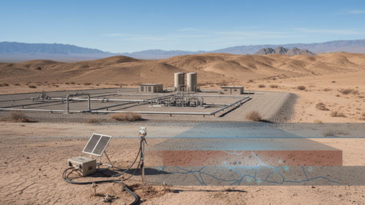 Seismic monitoring equipment above an underground gas storage landscape with subtle geological layers below ground