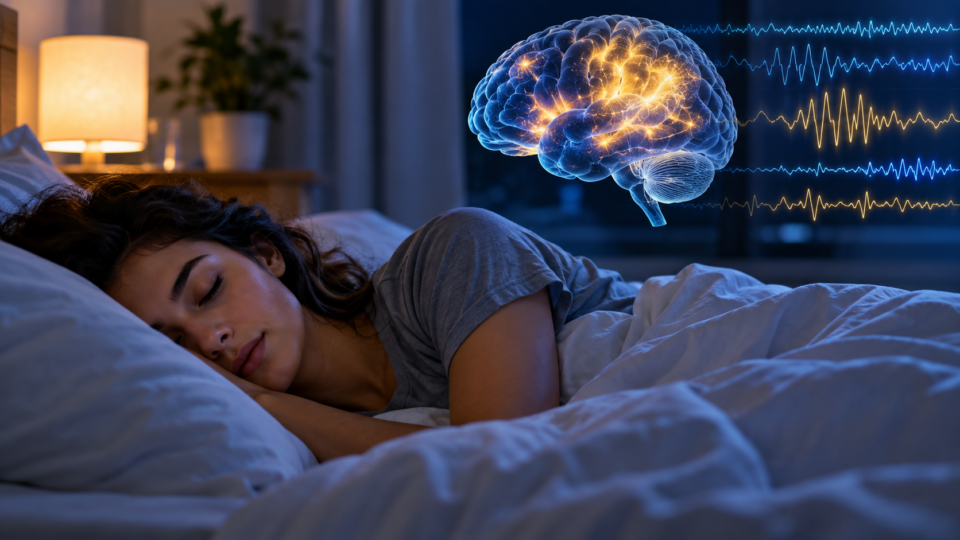Sleeping adult with a conceptual brain and brainwave visualization representing research on sleep and unwanted memory control.