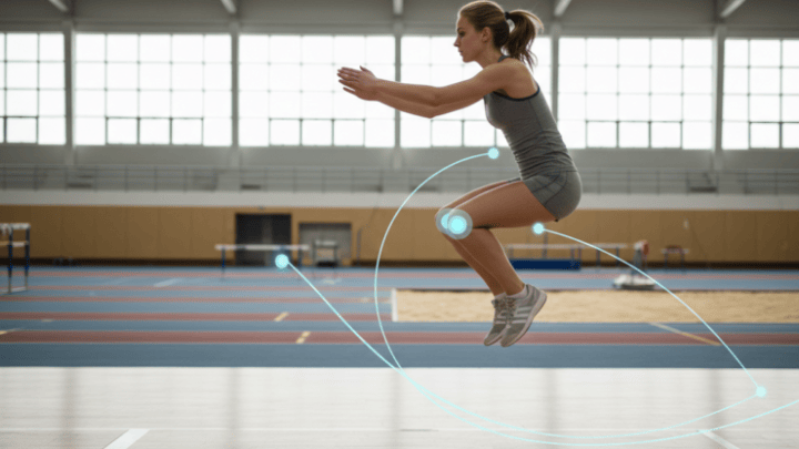 Athlete performing a standing long jump while computer vision tracks body movement from a side view.
