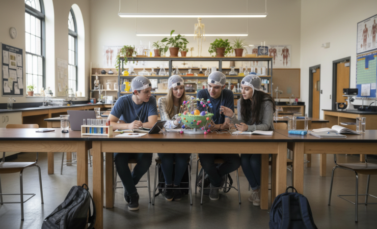 Four high school students wearing EEG caps work together on a biological cell model.