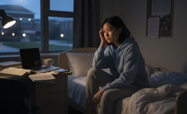 University student awake at night in a residence room beside study materials.