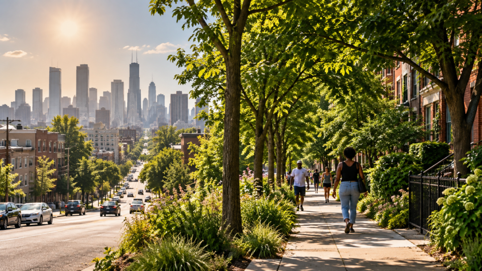 Tree-lined city street illustrating urban greening and neighbourhood heat exposure.