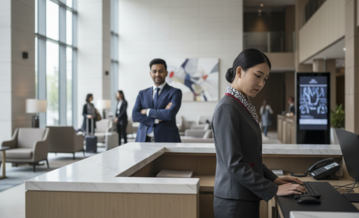 A frontline hotel employee looking emotionally exhausted while a supervisor speaks dismissively in the background